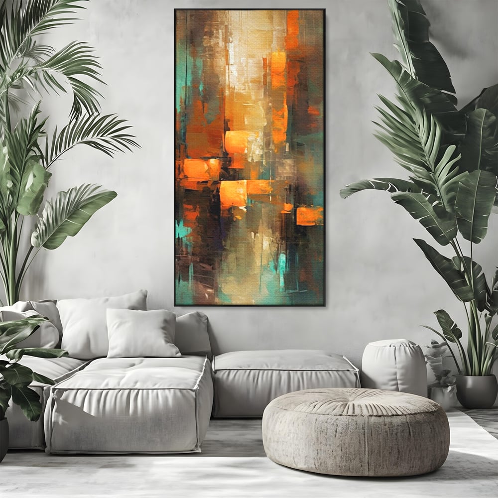 Tablou canvas cu pictura abstracta cu linii verticale, in rama de aluminiu negru, pe perete intr-un living